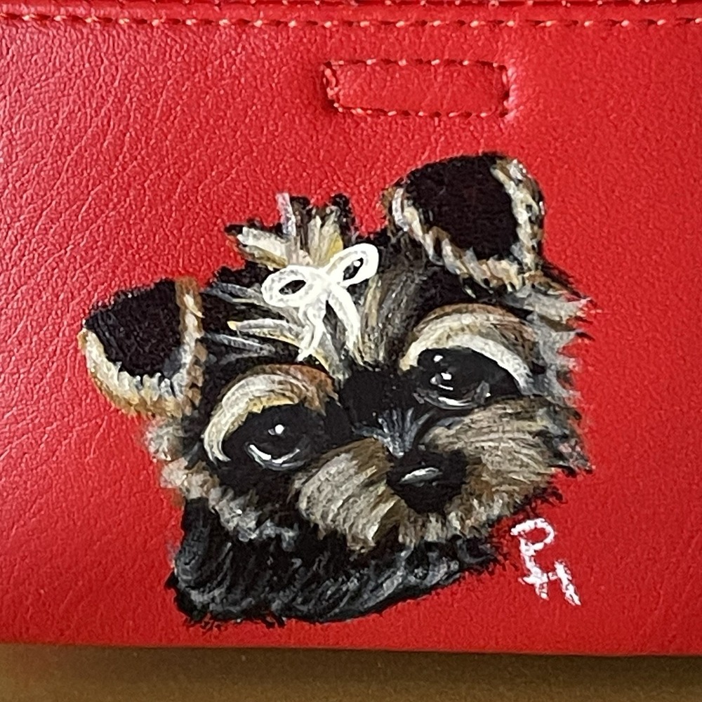 Saralyn NWOT Red Faux Leather Wristlet Wallet Handpainted Yorkie Initialed